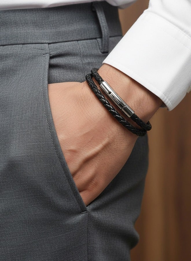 Riblor Fabio Double Wrap Leather Bracelet Black And Silver - Image 2